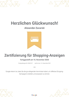 Zertifizierung Google Shopping Anzeigen 2020